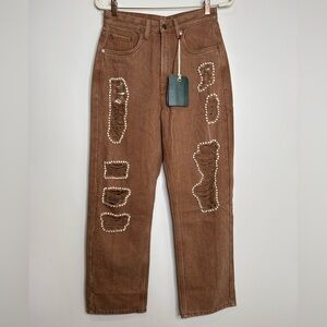 NWT Glass Cypress Brown‎ Pearled Distressed High Waisted Wide Leg Jeans Size 30